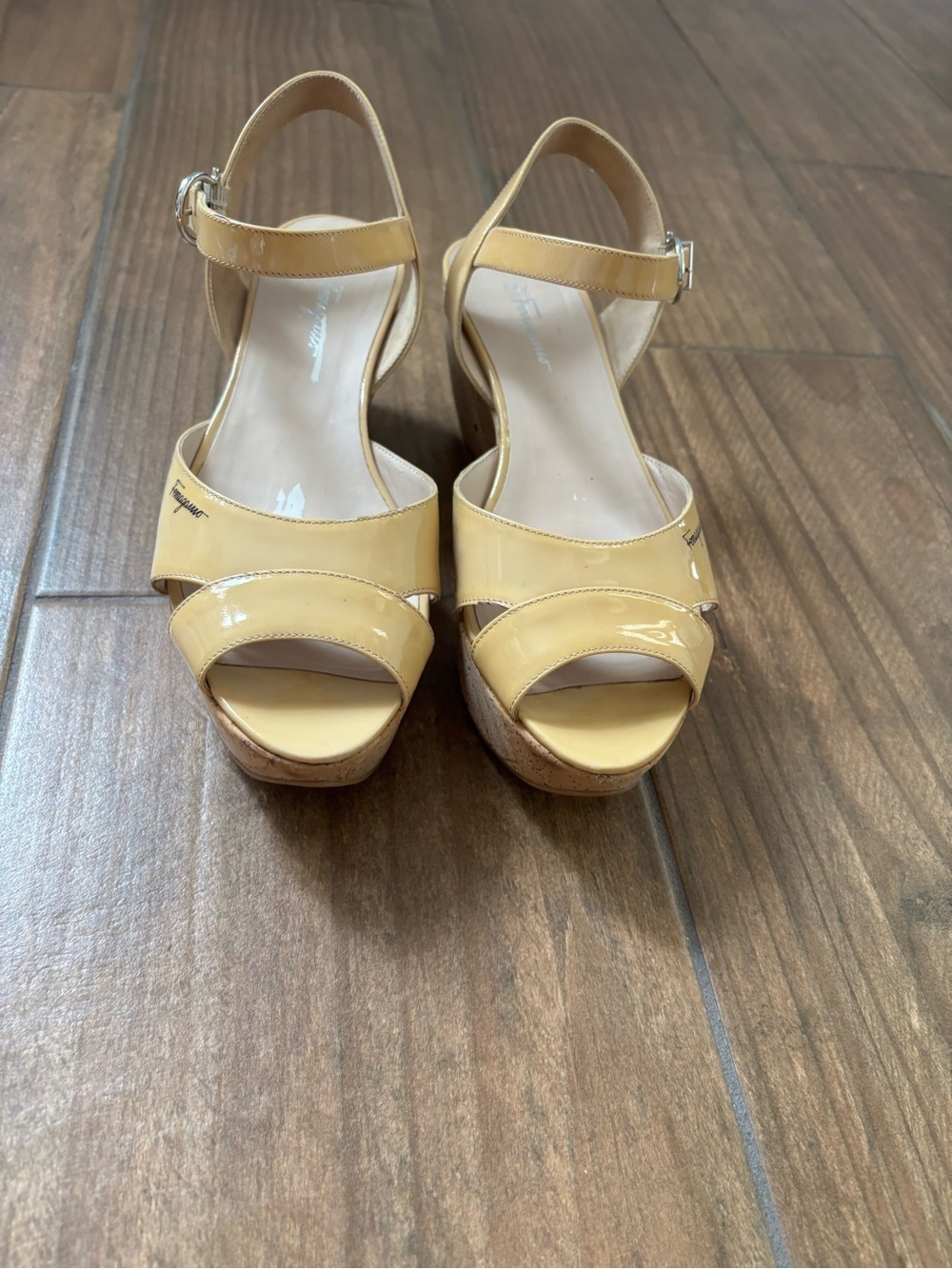 Salvatore Ferragamo Patent Leather My Sunset Cork Wedge Sandals Size 7.5 M
